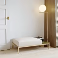 Stylish Ottoman with Cream Cushion and Golden Metal Legs by Floor Lamp and Wooden Shutters