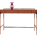 Modern Brown Desk With Pink Bear Figurine On Top And Metal Legs