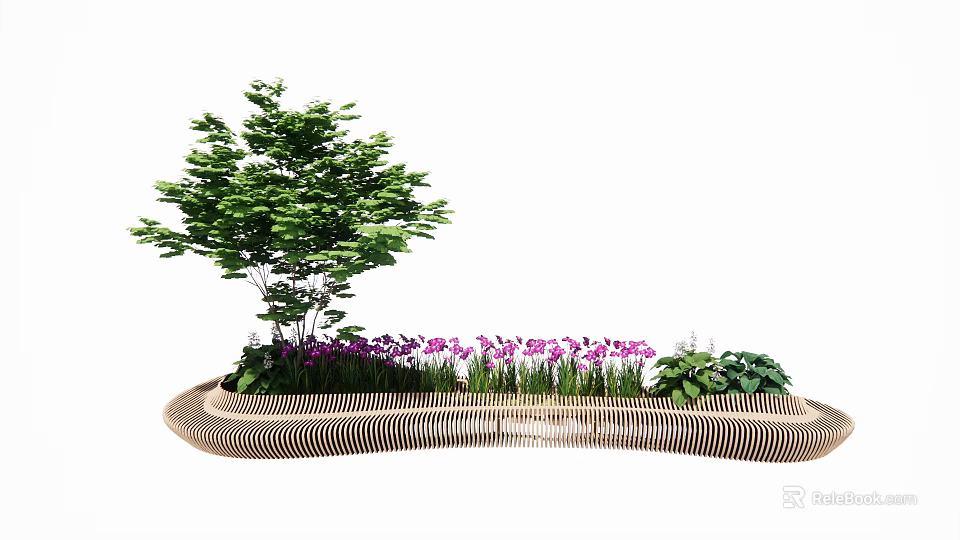 Curved Wooden Slatted Landscape Seating With Green Tree Purple Flowers And Plants 3d model 