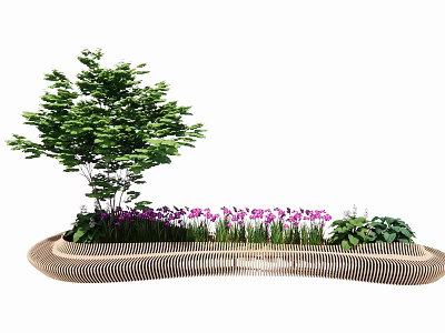 Curved Wooden Slatted Landscape Seating With Green Tree Purple Flowers And Plants 3d model