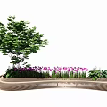 Curved Wooden Slatted Landscape Seating With Green Tree Purple Flowers And Plants