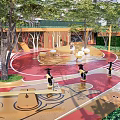 Outdoor Children's Play Area With Trees Red Gold Ground Circular Zones And Pedal Equipment