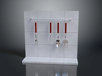 Practical Home Kitchen Utensils with Red Handles Hanging on White Tiled Wall 3d model