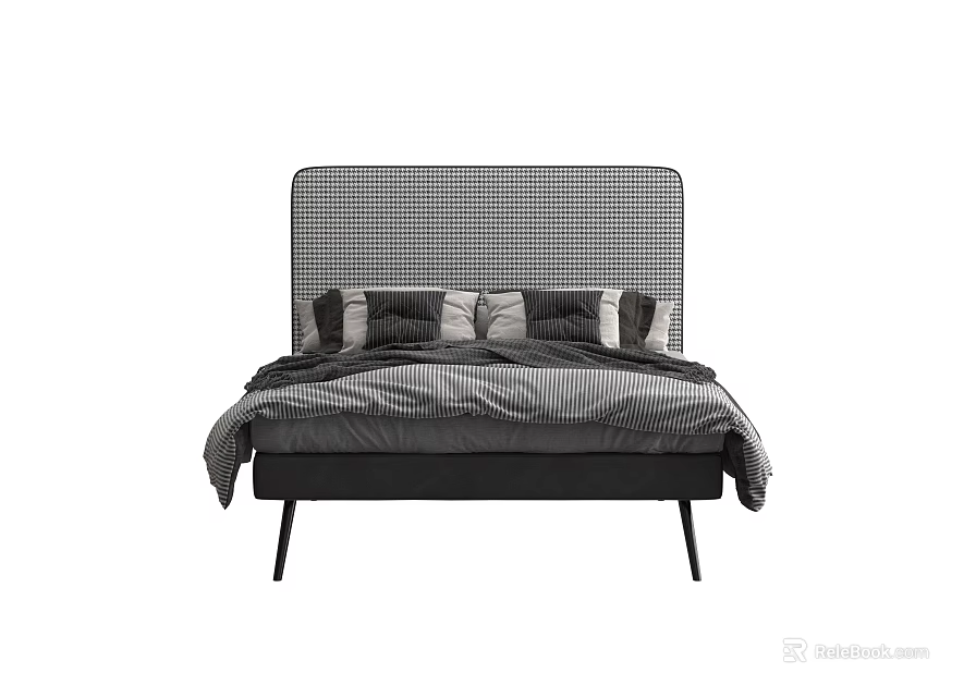 Modern Double Bed With Checkered Headboard And Cozy Bedding 3d model