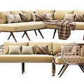 Beige Sectional Sofa With Rattan Armrests Wooden Legs And Decorative Pillows