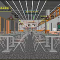 Restaurant Interior Design With Metal Tables Chairs Pendant Lights Decorative Signs And Terrazzo Floor