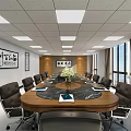Modern Meeting Room With Round Conference Table Black Leather Chairs Bright Windows And Calligraphy Paintings