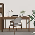Minimalist Modern Wooden Desk Workspace With Bookshelf Table Lamp And Green Plant