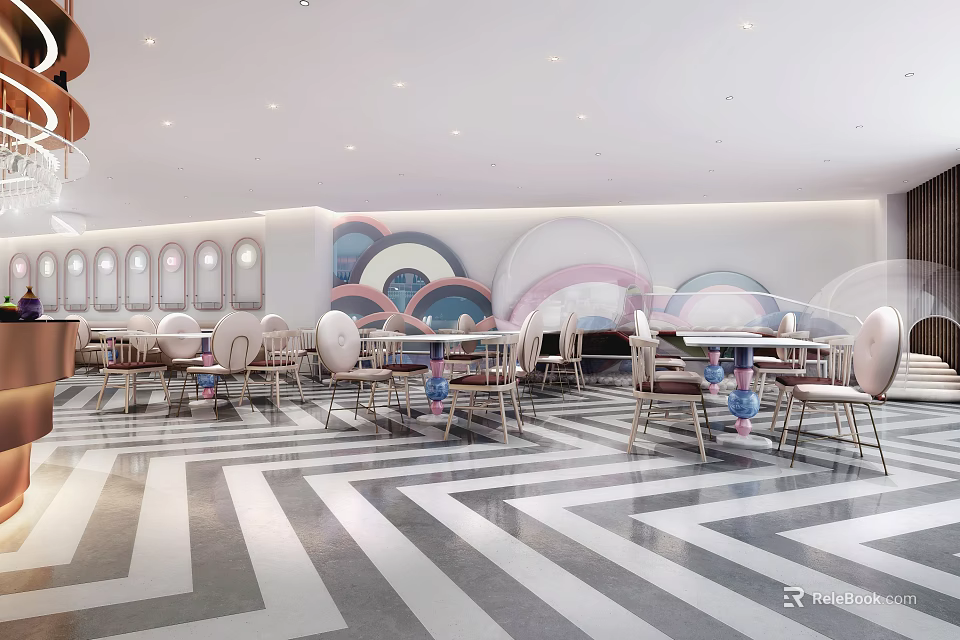 Elegant Restaurant Interior Featuring Black White Striped Flooring Circular Wall Art And Pendant Lights 3d model 