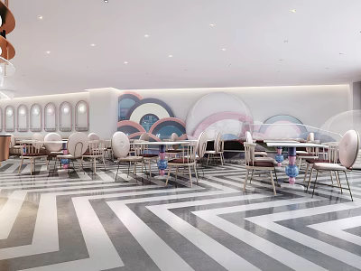 Elegant Restaurant Interior Featuring Black White Striped Flooring Circular Wall Art And Pendant Lights 3d model