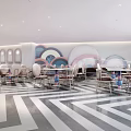Elegant Restaurant Interior Featuring Black White Striped Flooring Circular Wall Art And Pendant Lights