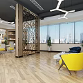 Modern Public Office Workspace With Open Desks Computers Green Plants Pendant Lights And Floor-to-Ceiling Windows