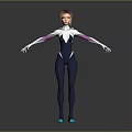 3D Model Female Character Standing in Black Bodysuit With Purple Stripes and Blue Shoes 3d model