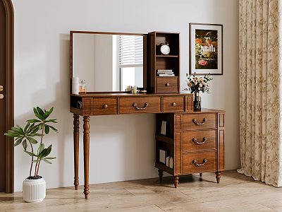 Wooden Dressing Table with Mirror Drawers Decorative Flowers Plant and Wall Painting 3d model