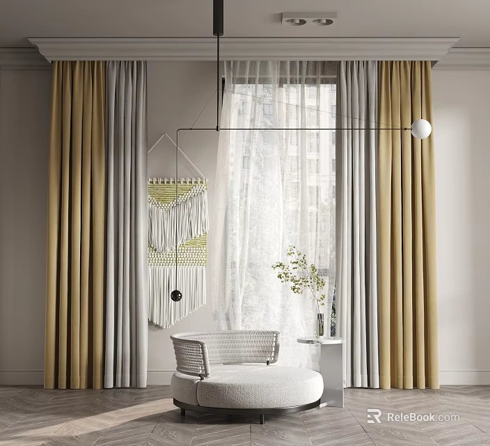 Modern Interior Featuring Beige Gray Curtains Sheer Panels Macramé Wall Hanging White Chair Plant 3d model 