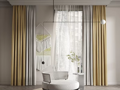 Modern Interior Featuring Beige Gray Curtains Sheer Panels Macramé Wall Hanging White Chair Plant 3d model
