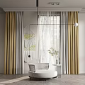 Modern Interior Featuring Beige Gray Curtains Sheer Panels Macramé Wall Hanging White Chair Plant