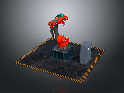 Industrial Robotic Arm Handling Circular Workpiece With Control Cabinet And Warning Zone 3d model