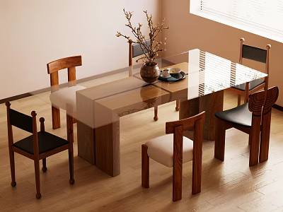 Contemporary Glass Dining Table Set With Wooden Chairs Decorative Vase And Natural Light 3d model