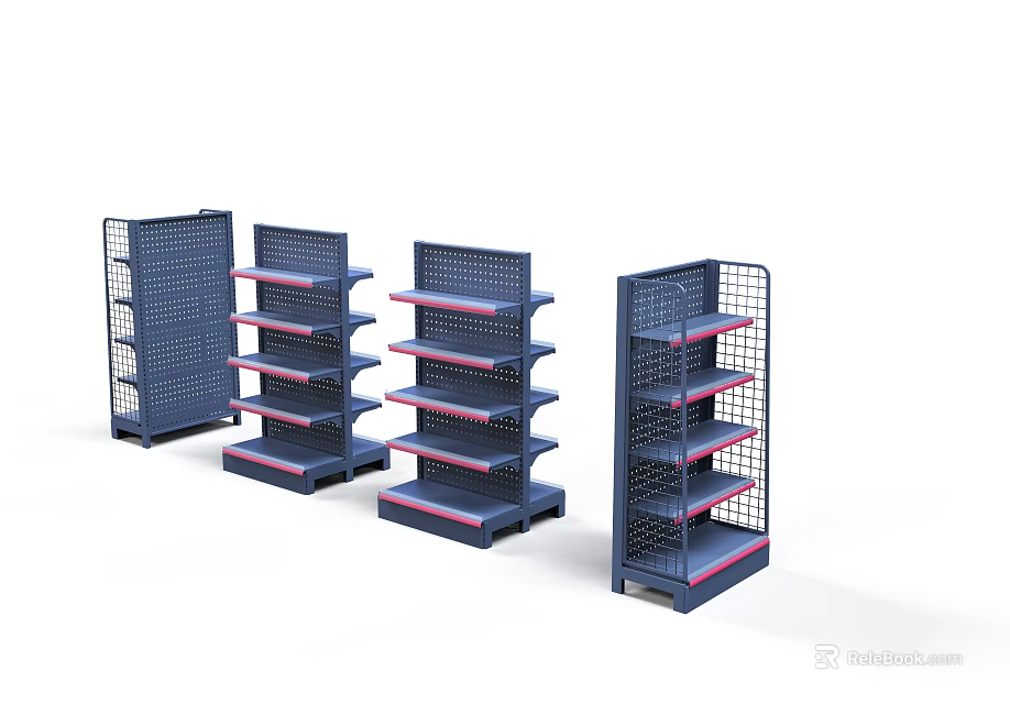 Blue Retail Display Shelves With Multiple Layers And Grid Design 3d model