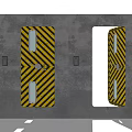 Yellow Security Door With Black Diagonal Stripes Open And Closed States On Gray Wall