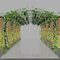Lush Green Vine Covered Arbor With Wooden Pillars Flower Pots And Purple Grapes Along Walkway