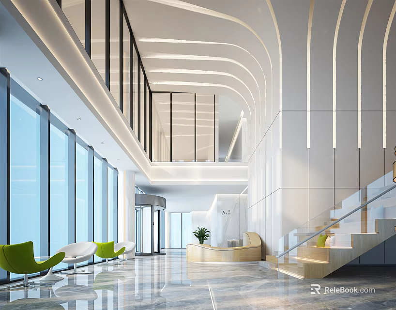 Modern Luxury Lobby Reception Area with Green Chairs White Walls Glass Curtain Walls and Stairs 3d model 