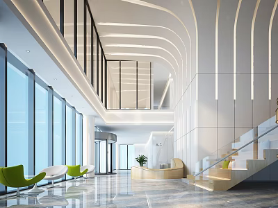 Modern Luxury Lobby Reception Area with Green Chairs White Walls Glass Curtain Walls and Stairs 3d model