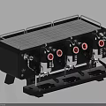 Modern Black Kitchen Coffee Machine With Multiple Red Knobs And Metal Frame