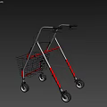 Sturdy Medical Walker with Red Handles Metal Frame Four Wheels and Storage Basket