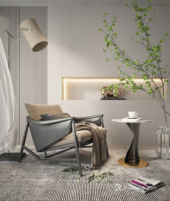 Modern Single Sofa With Cozy Blanket And Side Table In Minimalist Living Room 3d model 