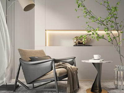 Modern Single Sofa With Cozy Blanket And Side Table In Minimalist Living Room 3d model
