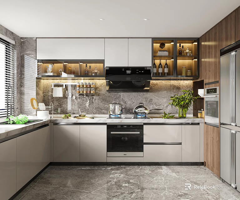 Modern Kitchen Interior With White Cabinets Gray Countertop Island And Stainless Steel Appliances 3d model 