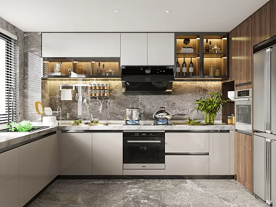 Modern Kitchen Interior With White Cabinets Gray Countertop Island And Stainless Steel Appliances 3d model