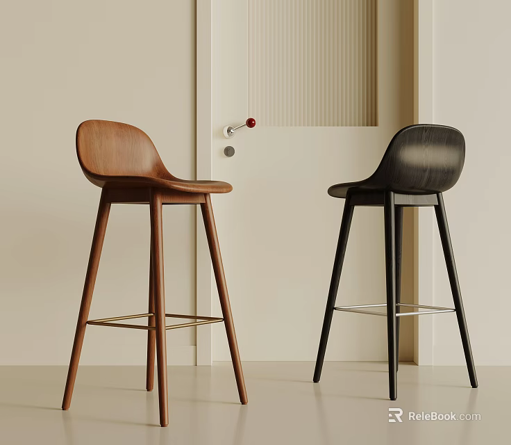Modern Minimalist Brown And Black Bar Stools With Wooden Structure And Metal Footrest 3d model 