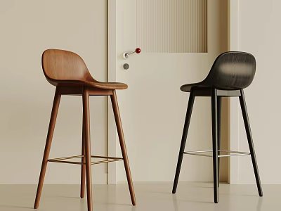 Modern Minimalist Brown And Black Bar Stools With Wooden Structure And Metal Footrest 3d model