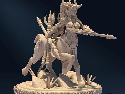 Detailed Fantasy Centaur Warrior Sculpture With Spear Ornate Armor Standing On Stone Base With Plants 3d model