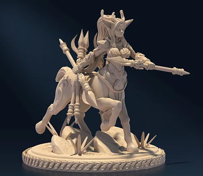 Detailed Fantasy Centaur Warrior Sculpture With Spear Ornate Armor Standing On Stone Base With Plants 3d model