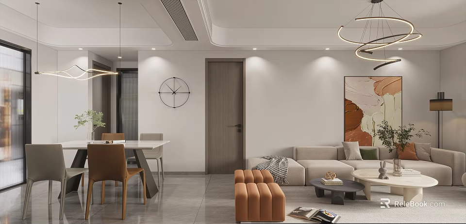 Modern Living Dining Room Interior With Sofa Dining Table Artwork Wall Clock Pendant Lights 3d model