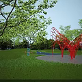 Outdoor Garden Scene With Red Net like Pergola Green Lawn Trees And Little Girl Holding Balloons