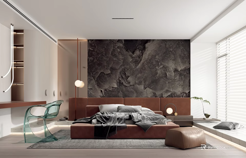 Modern Bedroom Interior With Brown Platform Bed Marble Wall Transparent Chair Bedside Lamp And Rug 3d model 