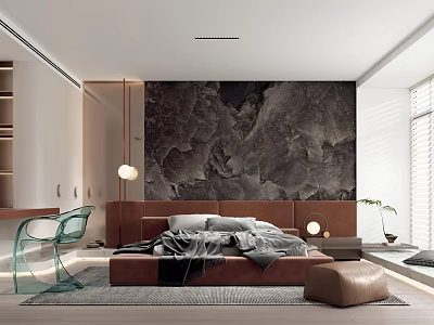 Modern Bedroom Interior With Brown Platform Bed Marble Wall Transparent Chair Bedside Lamp And Rug 3d model