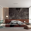 Modern Bedroom Interior With Brown Platform Bed Marble Wall Transparent Chair Bedside Lamp And Rug