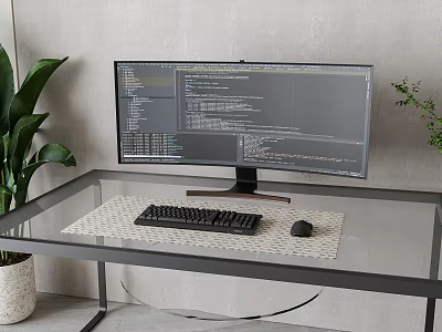 Modern Computer Desktop Setup With Monitor Keyboard And Mouse On Glass Desk 3d model