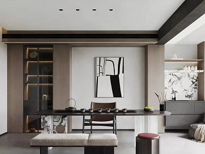 Modern Tea Room Interior Design With Wooden Table Chairs And Abstract Painting 3d model