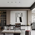 Modern Tea Room Interior Design With Wooden Table Chairs And Abstract Painting