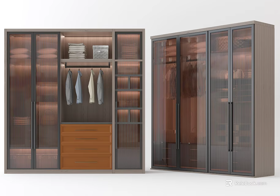 Modern Wardrobe with Glass Doors Wooden Drawers Hanging Rods and Shelves 3d model 