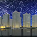 Modern Tall Residential Buildings Under Starry Night Sky With Light Trails And Water Reflection