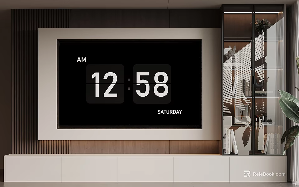 Modern TV Background Wall With Wooden Panel And Digital Clock 3d model