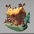Whimsical Wooden Cottage With Straw Roof Red Walls Garland Decorations Green Trees Stones And Grass